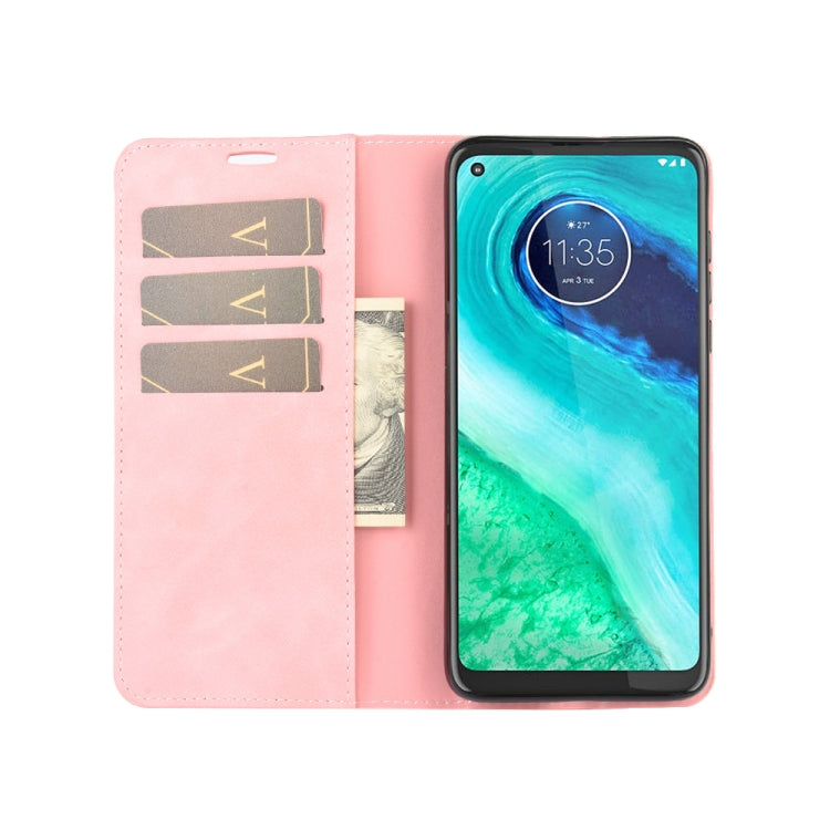 For Motorola Moto G8 Retro-skin Business Magnetic Suction Leather Case with Holder & Card Slots & Wallet