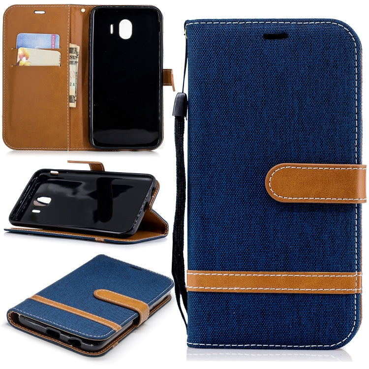 Color Matching Denim Texture Leather Case for Galaxy J4 (2018), with Holder & Card Slots & Wallet & Lanyard