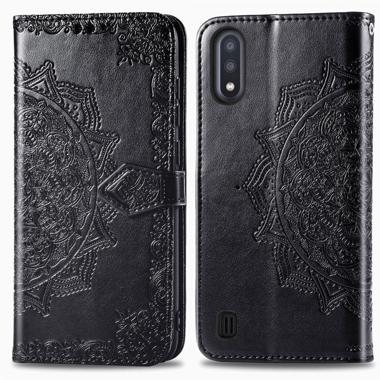 For Samsung Galaxy M01 Halfway Mandala Embossing Pattern Horizontal Flip Leather Case with Holder & Card Slots & Wallet & Lanyard