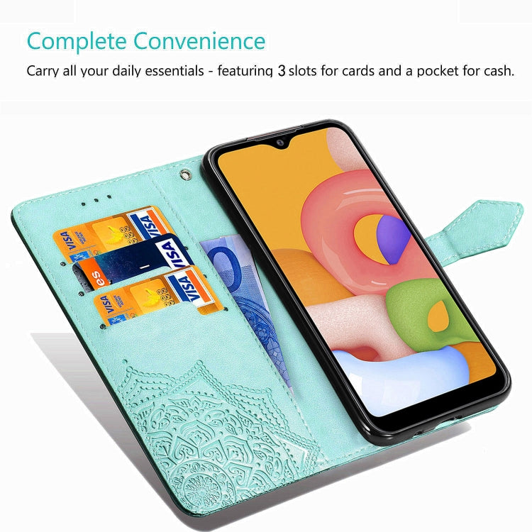 For Samsung Galaxy M01 Halfway Mandala Embossing Pattern Horizontal Flip Leather Case with Holder & Card Slots & Wallet & Lanyard
