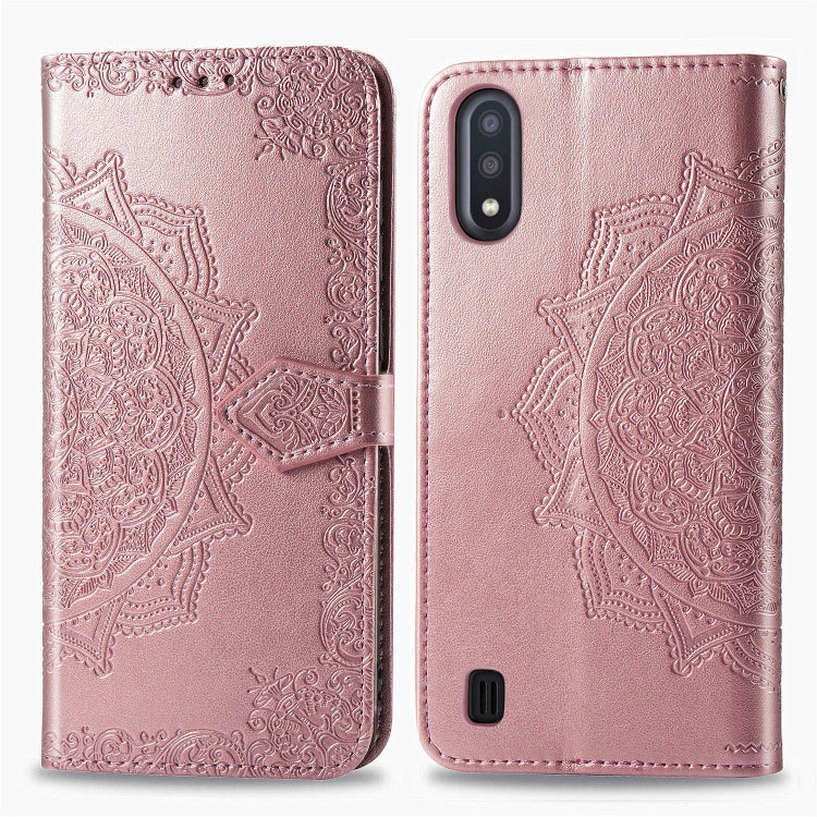 For Samsung Galaxy M01 Halfway Mandala Embossing Pattern Horizontal Flip Leather Case with Holder & Card Slots & Wallet & Lanyard