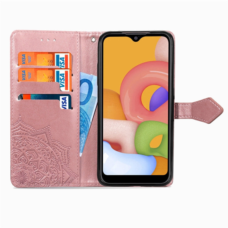 For Samsung Galaxy M01 Halfway Mandala Embossing Pattern Horizontal Flip Leather Case with Holder & Card Slots & Wallet & Lanyard
