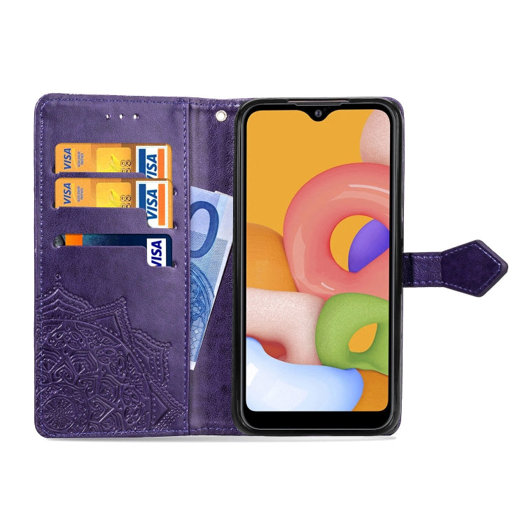 For Samsung Galaxy M01 Halfway Mandala Embossing Pattern Horizontal Flip Leather Case with Holder & Card Slots & Wallet & Lanyard
