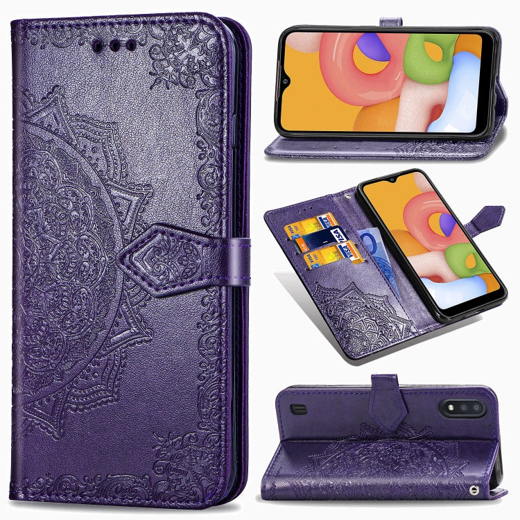 For Samsung Galaxy M01 Halfway Mandala Embossing Pattern Horizontal Flip Leather Case with Holder & Card Slots & Wallet & Lanyard