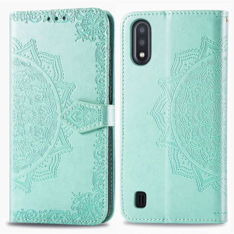 For Samsung Galaxy M01 Halfway Mandala Embossing Pattern Horizontal Flip Leather Case with Holder & Card Slots & Wallet & Lanyard
