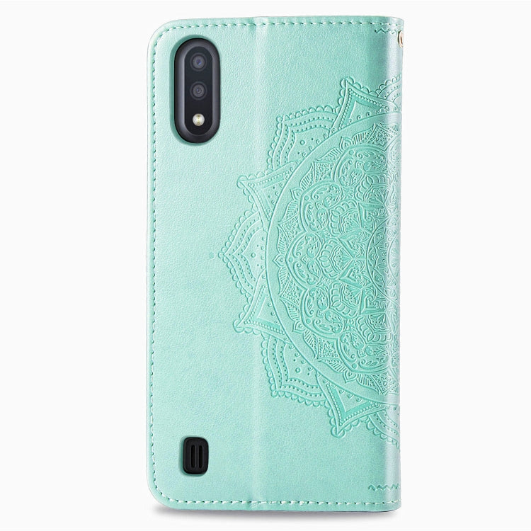 For Samsung Galaxy M01 Halfway Mandala Embossing Pattern Horizontal Flip Leather Case with Holder & Card Slots & Wallet & Lanyard