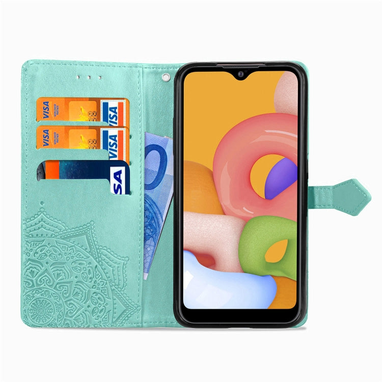For Samsung Galaxy M01 Halfway Mandala Embossing Pattern Horizontal Flip Leather Case with Holder & Card Slots & Wallet & Lanyard