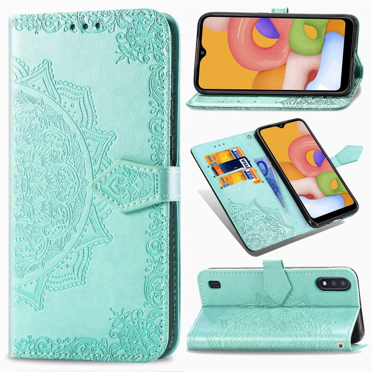 For Samsung Galaxy M01 Halfway Mandala Embossing Pattern Horizontal Flip Leather Case with Holder & Card Slots & Wallet & Lanyard