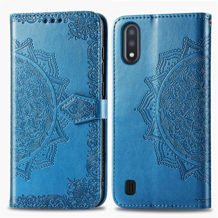 For Samsung Galaxy M01 Halfway Mandala Embossing Pattern Horizontal Flip Leather Case with Holder & Card Slots & Wallet & Lanyard