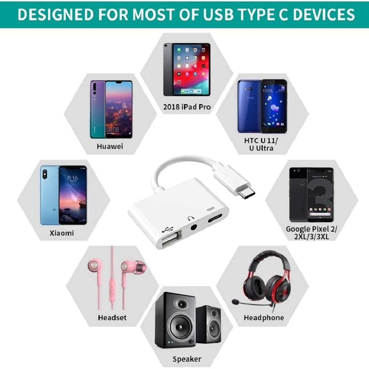 3 in 1 USB-C OTG Adapter with 3.5mm Headphone Jack, Compatible for iPad Pro and Type-C Jack Phone