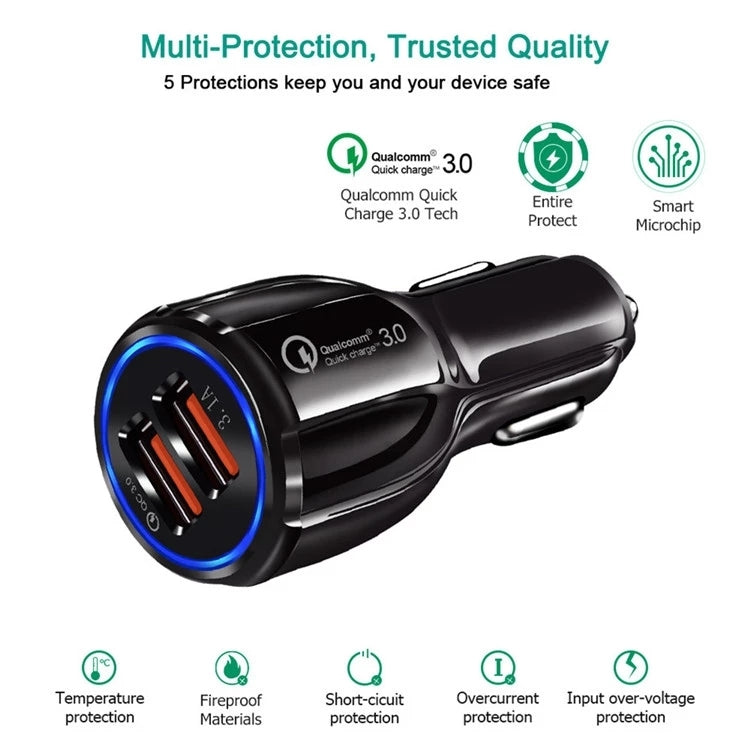 Qc3.0 Dual USB Car Charger + Micro USB Fast Charging Cable Car Charging Kit