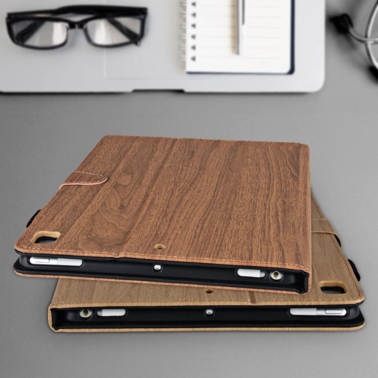 For iPad 9.7 inch 2017 / 2018 Wood Grain PU Leather + TPU Soft Bottom Case with Holder & Sleep / Wake-up Function(Black)