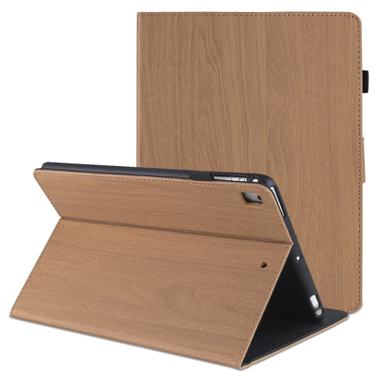 For iPad 10.2 2021 / 2020 / 2019 Wood Grain PU Leather + TPU Soft Bottom Case with Holder & Sleep / Wake-up Function