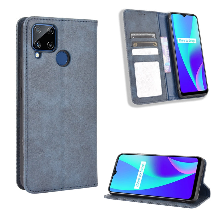 For OPPO Realme C15 Magnetic Buckle Retro Crazy Horse Texture Horizontal Flip Leather Case with Holder & Card Slots & Photo Frame
