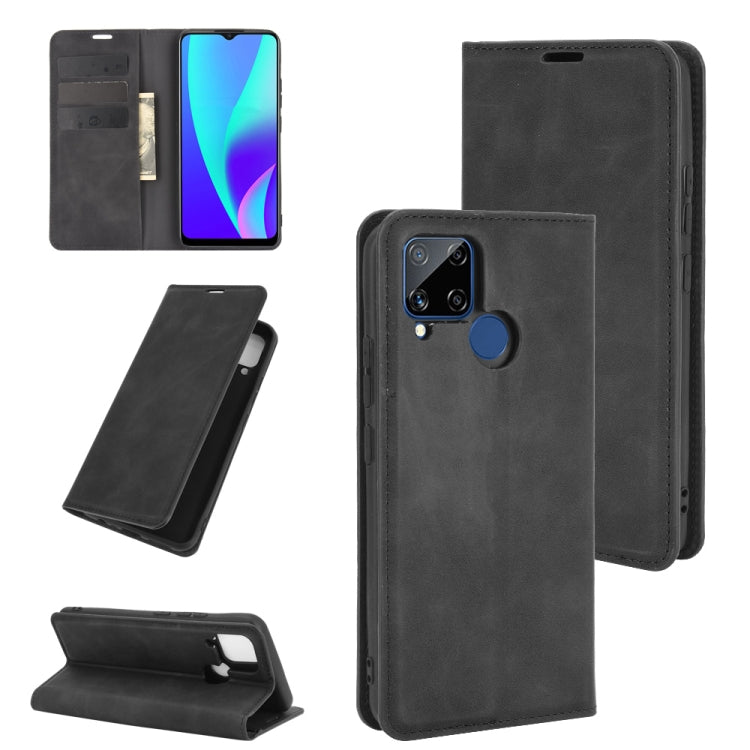 For Realme C15 Retro-skin Business Magnetic Suction Leather Case with Holder & Card Slots & Wallet