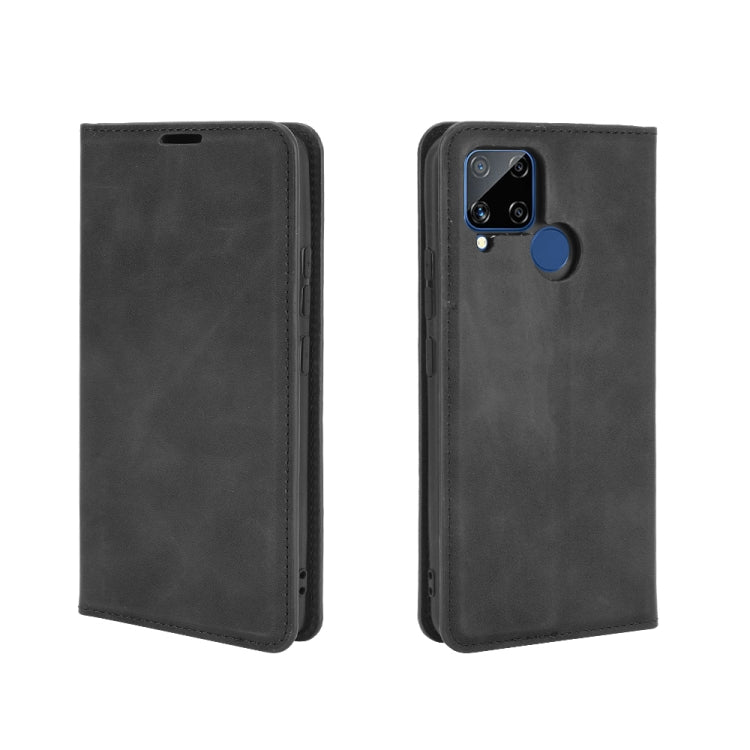For Realme C15 Retro-skin Business Magnetic Suction Leather Case with Holder & Card Slots & Wallet