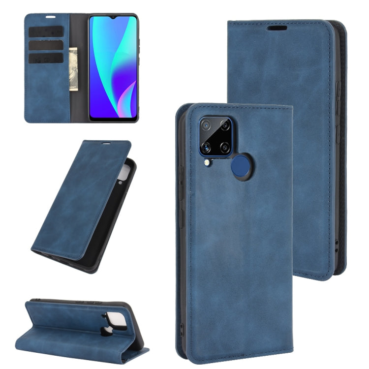 For Realme C15 Retro-skin Business Magnetic Suction Leather Case with Holder & Card Slots & Wallet