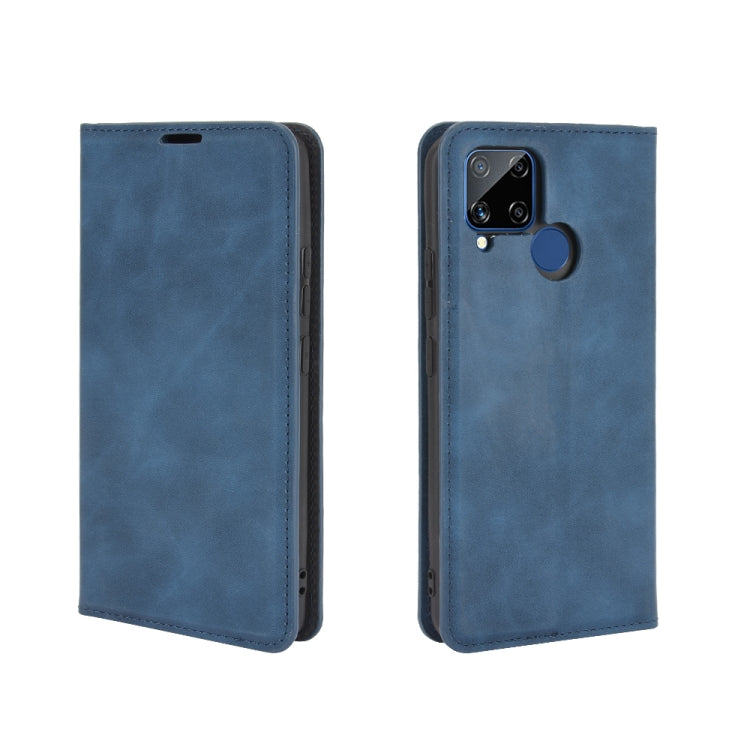 For Realme C15 Retro-skin Business Magnetic Suction Leather Case with Holder & Card Slots & Wallet