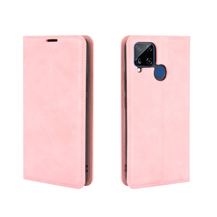 For Realme C15 Retro-skin Business Magnetic Suction Leather Case with Holder & Card Slots & Wallet