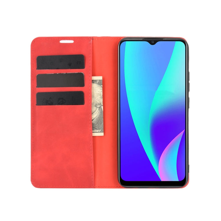 For Realme C15 Retro-skin Business Magnetic Suction Leather Case with Holder & Card Slots & Wallet