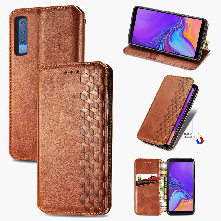 For Samsung Galaxy A7 (2018) Cubic Grid Pressed Horizontal Flip Magnetic Leather Case with Holder & Card Slots & Wallet