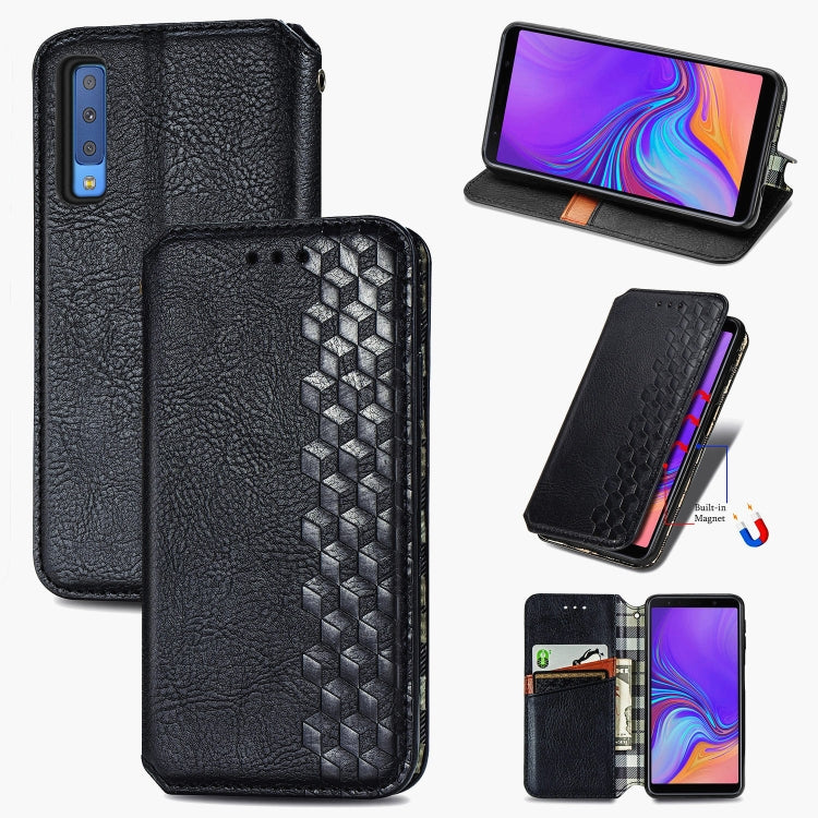 For Samsung Galaxy A7 (2018) Cubic Grid Pressed Horizontal Flip Magnetic Leather Case with Holder & Card Slots & Wallet