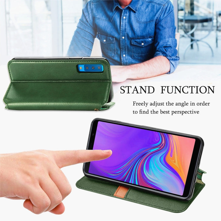For Samsung Galaxy A7 (2018) Cubic Grid Pressed Horizontal Flip Magnetic Leather Case with Holder & Card Slots & Wallet