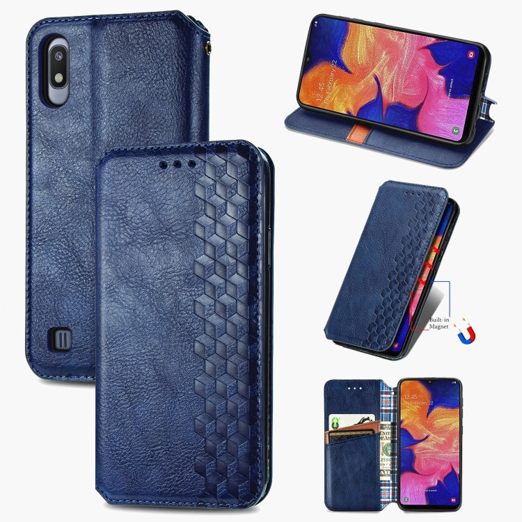 For Samsung Galaxy A10 Cubic Grid Pressed Horizontal Flip Magnetic Leather Case with Holder & Card Slots & Wallet