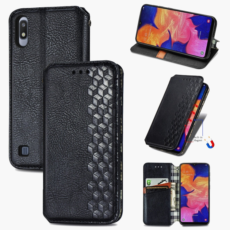 For Samsung Galaxy A10 Cubic Grid Pressed Horizontal Flip Magnetic Leather Case with Holder & Card Slots & Wallet