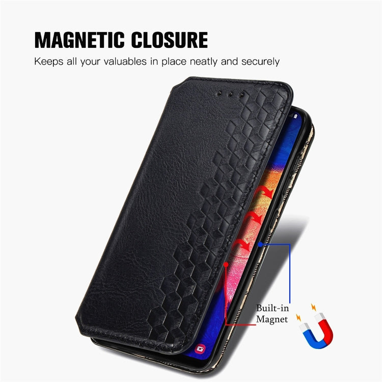 For Samsung Galaxy A10 Cubic Grid Pressed Horizontal Flip Magnetic Leather Case with Holder & Card Slots & Wallet