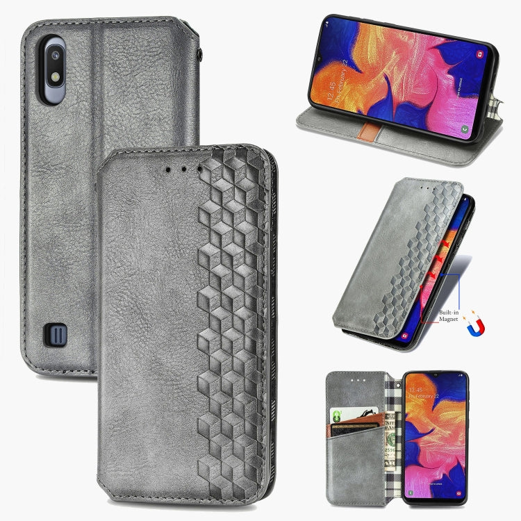 For Samsung Galaxy A10 Cubic Grid Pressed Horizontal Flip Magnetic Leather Case with Holder & Card Slots & Wallet