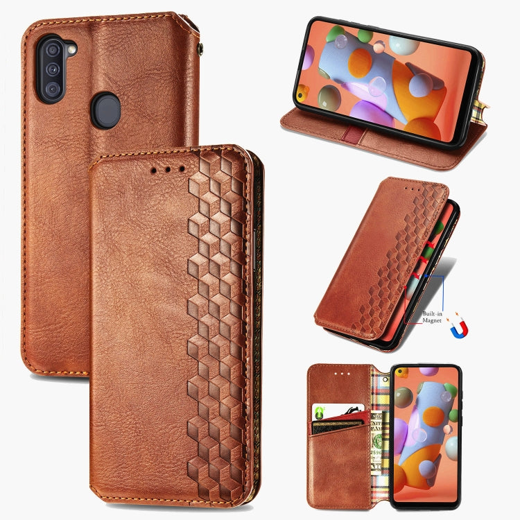 For Samsung Galaxy A11/M11 Cubic Grid Pressed Horizontal Flip Magnetic Leather Case with Holder & Card Slots & Wallet