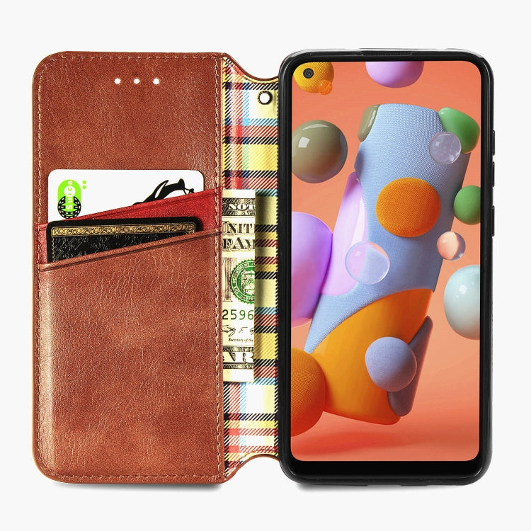 For Samsung Galaxy A11/M11 Cubic Grid Pressed Horizontal Flip Magnetic Leather Case with Holder & Card Slots & Wallet