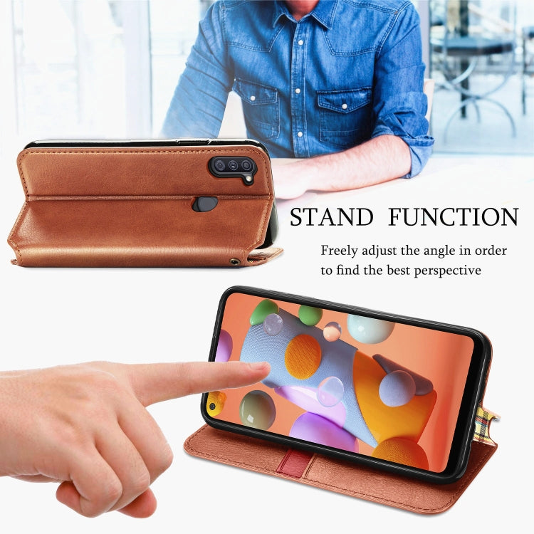 For Samsung Galaxy A11/M11 Cubic Grid Pressed Horizontal Flip Magnetic Leather Case with Holder & Card Slots & Wallet