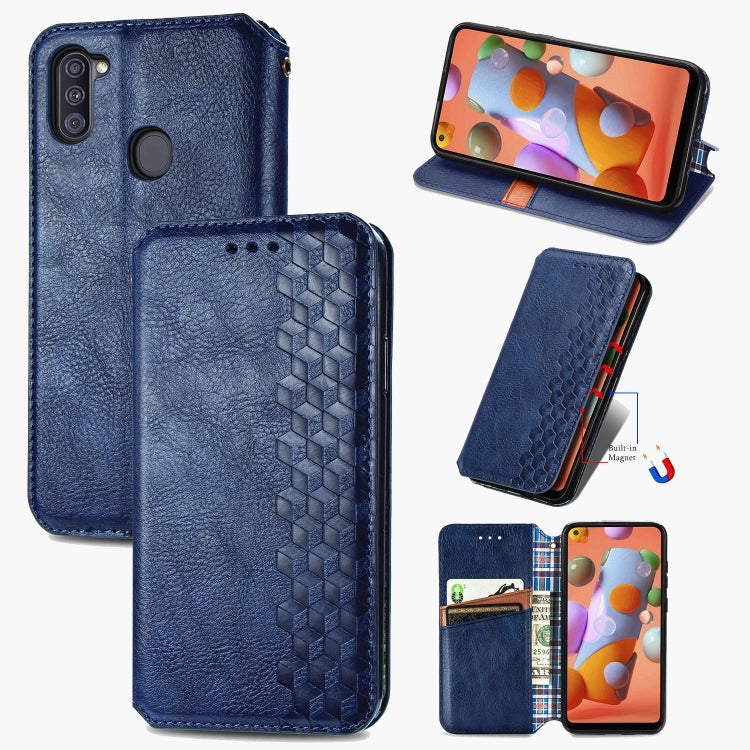 For Samsung Galaxy A11/M11 Cubic Grid Pressed Horizontal Flip Magnetic Leather Case with Holder & Card Slots & Wallet