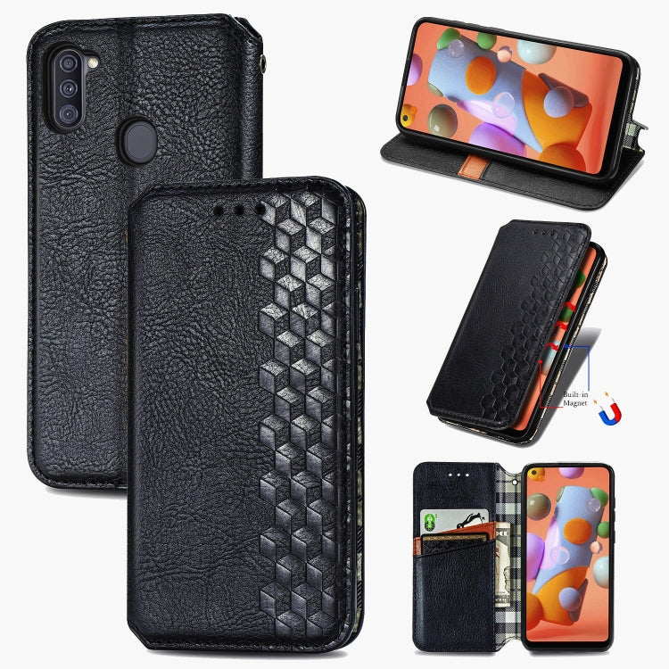 For Samsung Galaxy A11/M11 Cubic Grid Pressed Horizontal Flip Magnetic Leather Case with Holder & Card Slots & Wallet