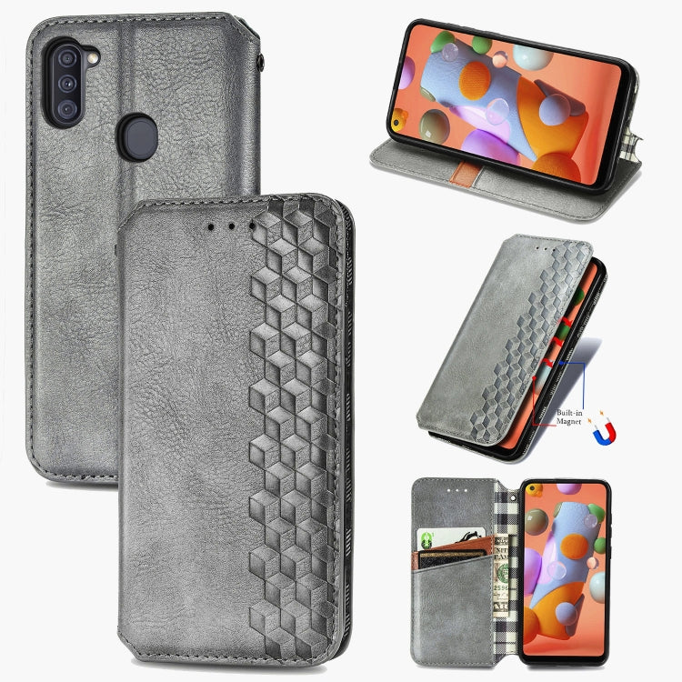 For Samsung Galaxy A11/M11 Cubic Grid Pressed Horizontal Flip Magnetic Leather Case with Holder & Card Slots & Wallet