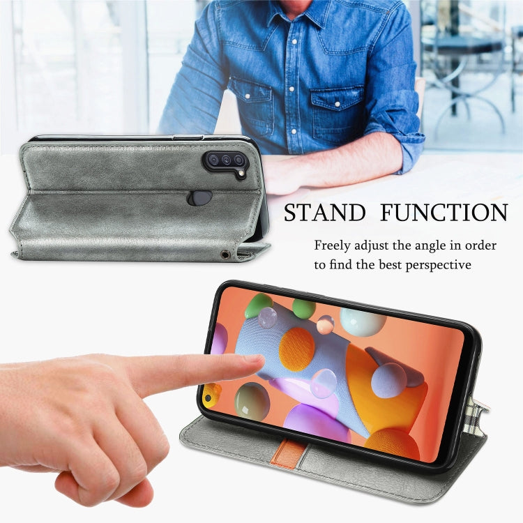 For Samsung Galaxy A11/M11 Cubic Grid Pressed Horizontal Flip Magnetic Leather Case with Holder & Card Slots & Wallet