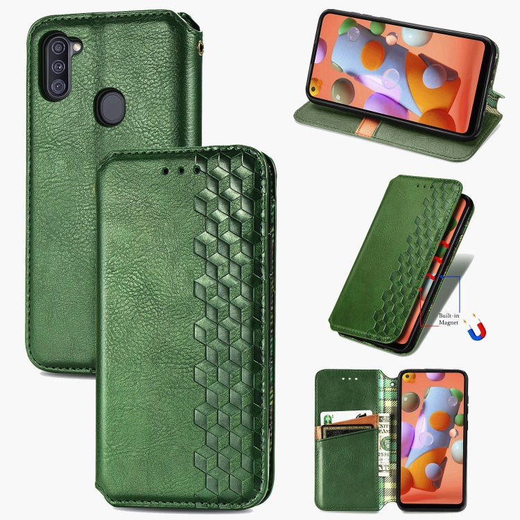 For Samsung Galaxy A11/M11 Cubic Grid Pressed Horizontal Flip Magnetic Leather Case with Holder & Card Slots & Wallet