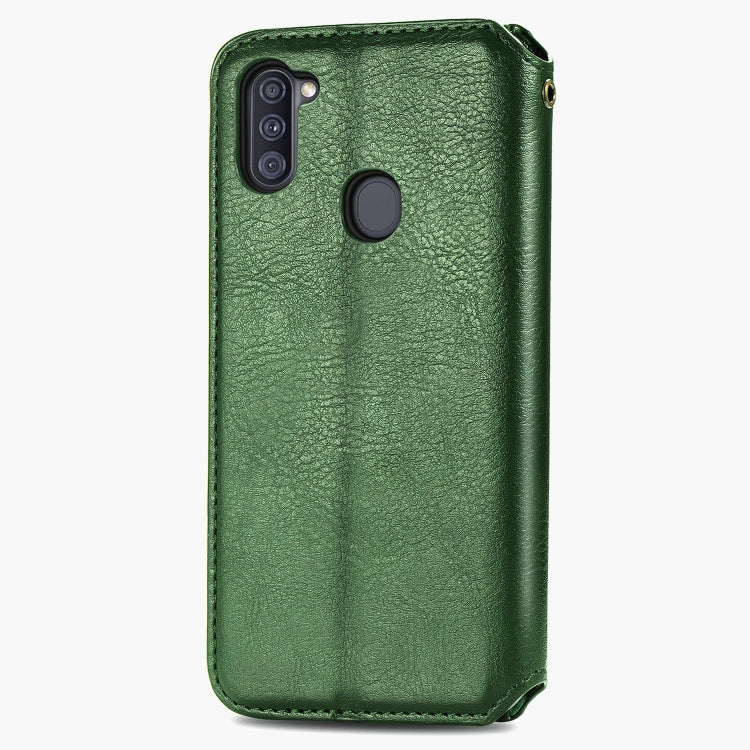 For Samsung Galaxy A11/M11 Cubic Grid Pressed Horizontal Flip Magnetic Leather Case with Holder & Card Slots & Wallet