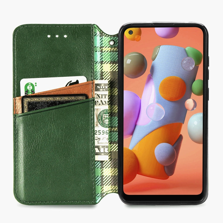 For Samsung Galaxy A11/M11 Cubic Grid Pressed Horizontal Flip Magnetic Leather Case with Holder & Card Slots & Wallet
