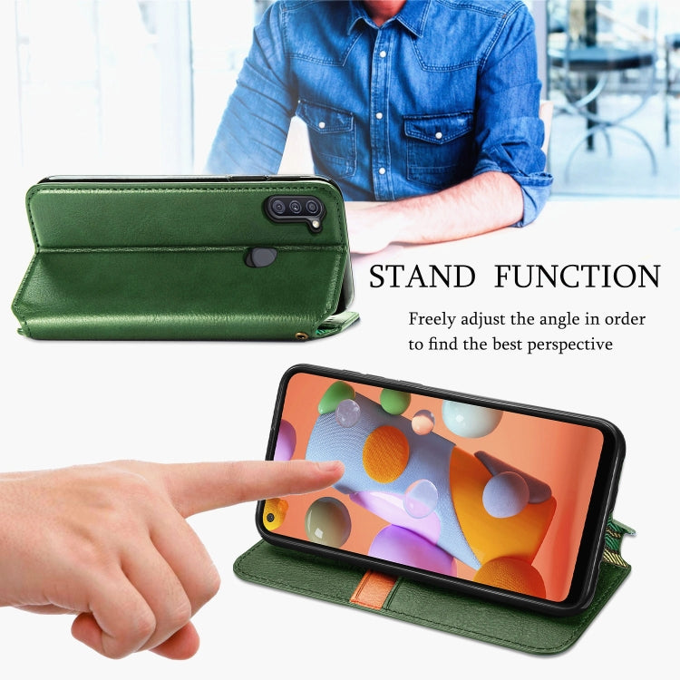 For Samsung Galaxy A11/M11 Cubic Grid Pressed Horizontal Flip Magnetic Leather Case with Holder & Card Slots & Wallet