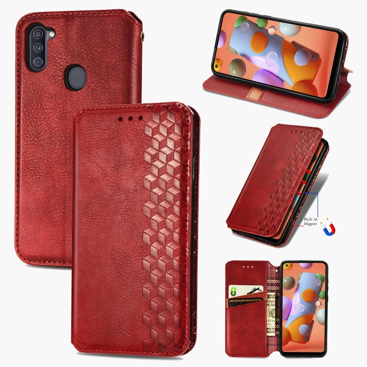 For Samsung Galaxy A11/M11 Cubic Grid Pressed Horizontal Flip Magnetic Leather Case with Holder & Card Slots & Wallet