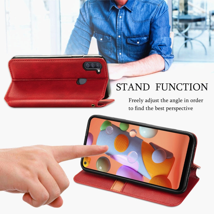 For Samsung Galaxy A11/M11 Cubic Grid Pressed Horizontal Flip Magnetic Leather Case with Holder & Card Slots & Wallet