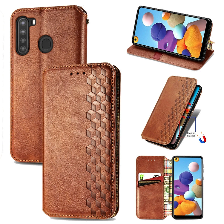 For Samsung Galaxy A21 (US Version) Cubic Grid Pressed Horizontal Flip Magnetic Leather Case with Holder & Card Slots & Wallet