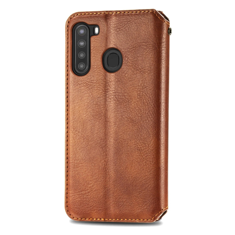For Samsung Galaxy A21 (US Version) Cubic Grid Pressed Horizontal Flip Magnetic Leather Case with Holder & Card Slots & Wallet