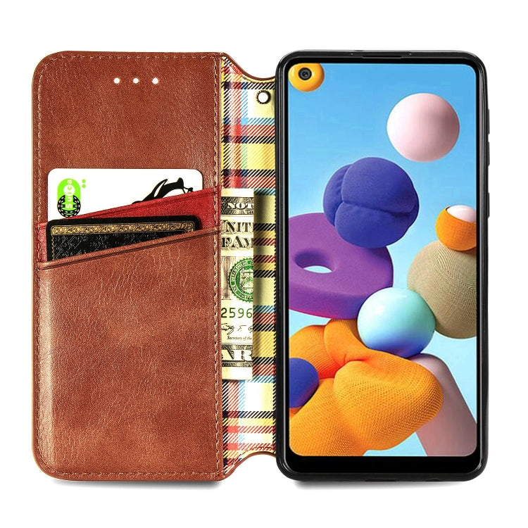 For Samsung Galaxy A21 (US Version) Cubic Grid Pressed Horizontal Flip Magnetic Leather Case with Holder & Card Slots & Wallet