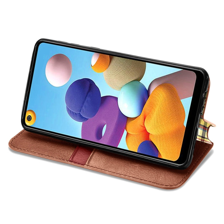 For Samsung Galaxy A21 (US Version) Cubic Grid Pressed Horizontal Flip Magnetic Leather Case with Holder & Card Slots & Wallet