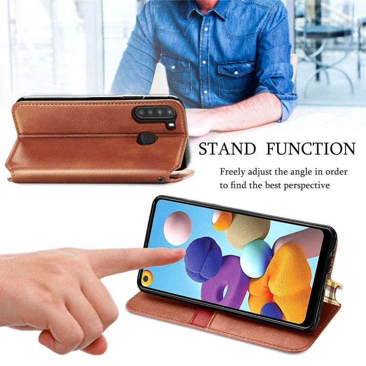 For Samsung Galaxy A21 (US Version) Cubic Grid Pressed Horizontal Flip Magnetic Leather Case with Holder & Card Slots & Wallet