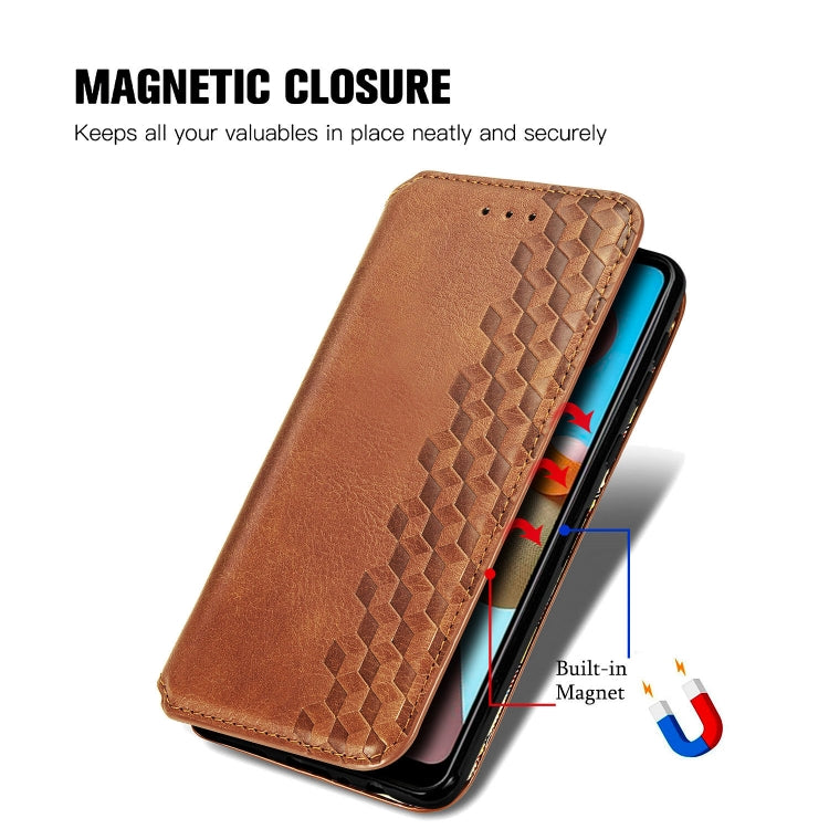 For Samsung Galaxy A21 (US Version) Cubic Grid Pressed Horizontal Flip Magnetic Leather Case with Holder & Card Slots & Wallet